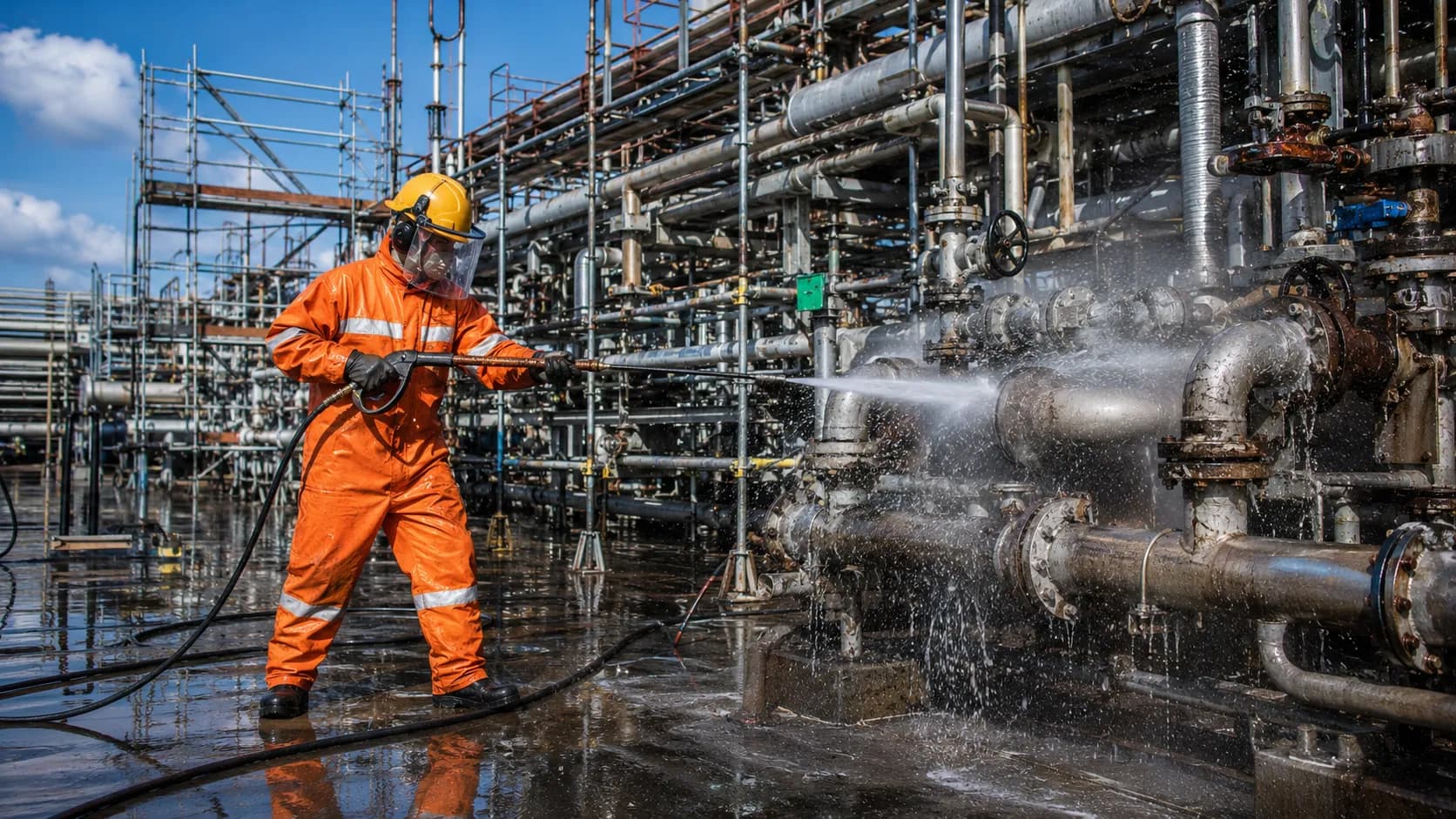 High-pressure water jetting on industrial pipework